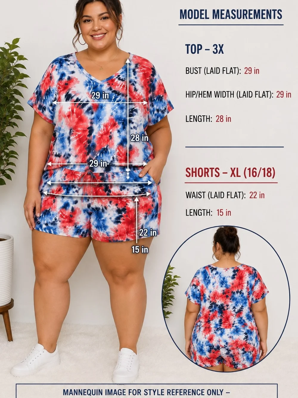 Plus Size Tie-Dye Sleep Set - Red & Blue V-Neck Top with Shorts